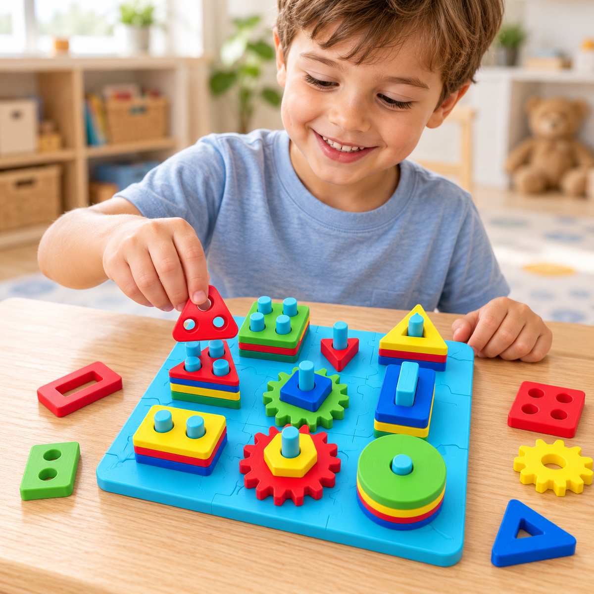 Child playing with a colourful geometric shape sorting and stacking toy