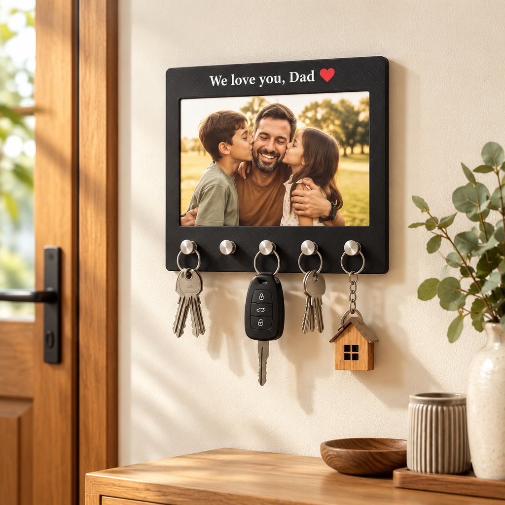 Black personalised photo key holder with a family photo and keys displayed on a hallway wall