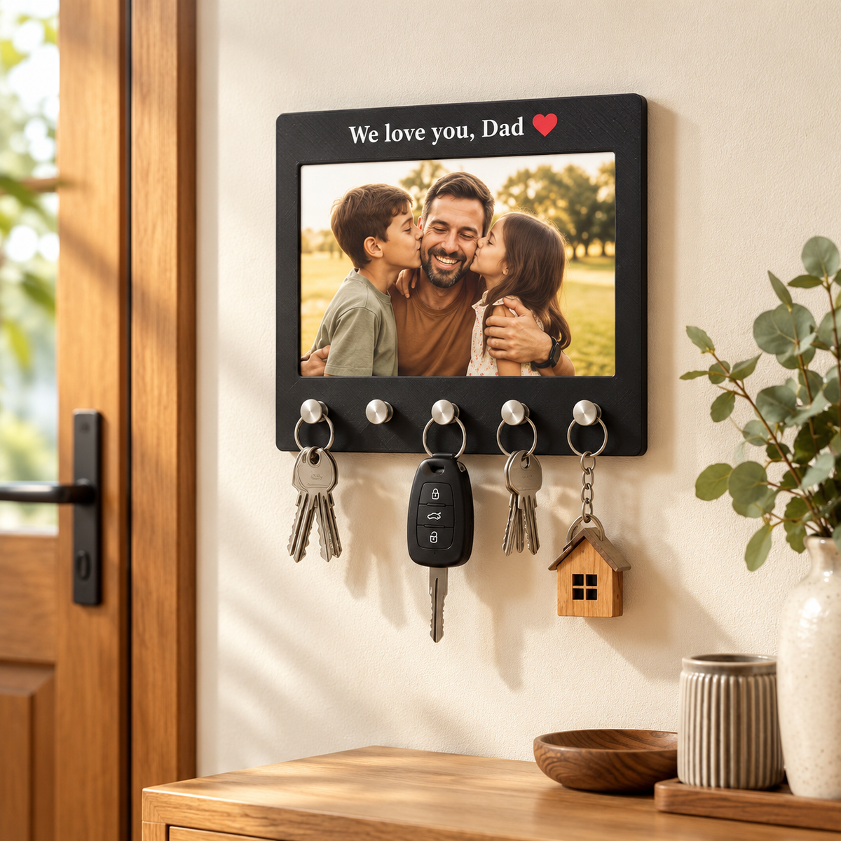 Black personalised photo key holder with a family photo and keys displayed on a hallway wall