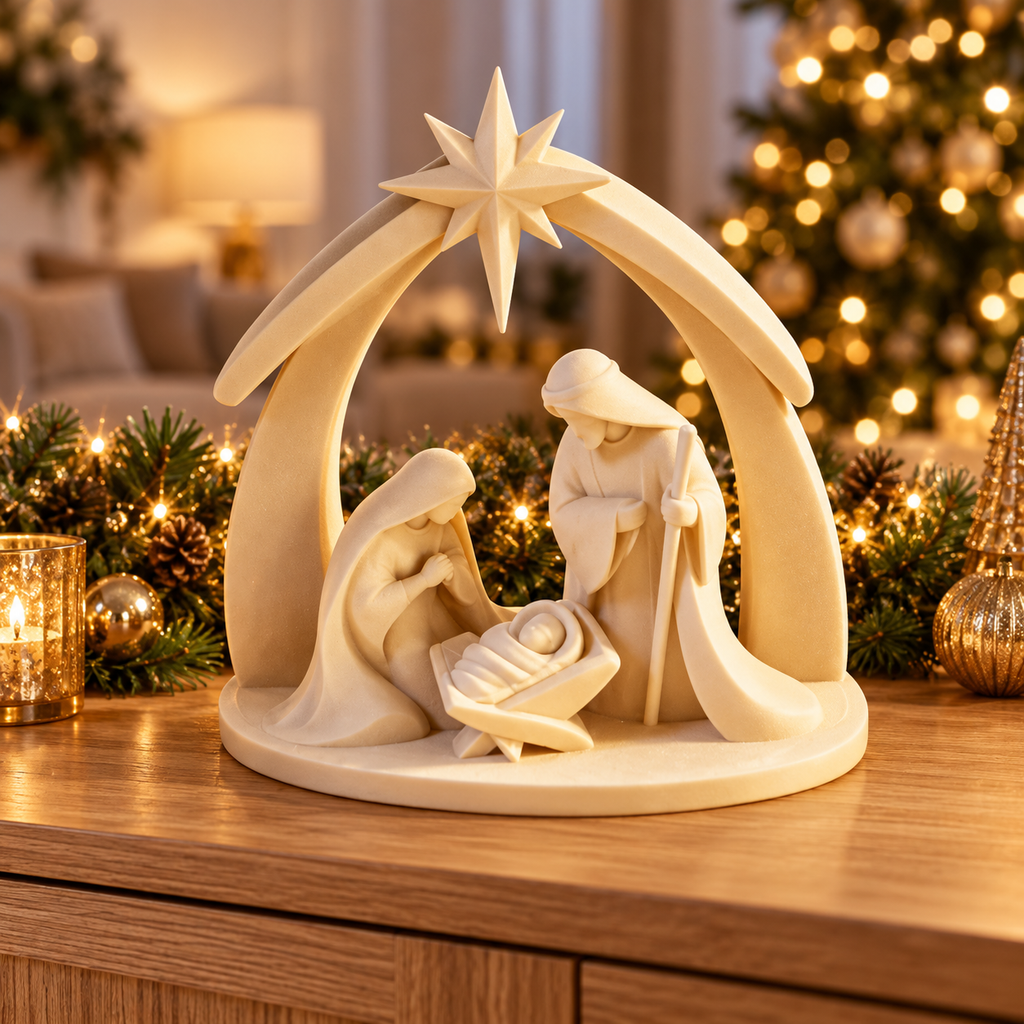 White Holy Family nativity scene styled with Christmas greenery and candles