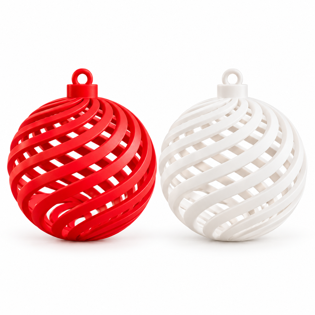 Red and white Christmas baubles with an open spiral design; examples from a set of nine