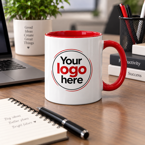 Custom branded mug on office desk lifestyle shot