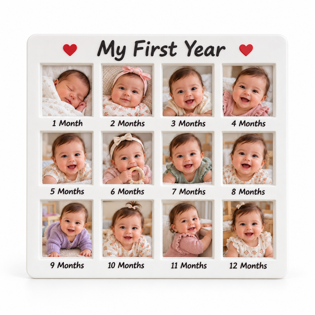 My First Year personalised baby photo frame displayed on a wooden table