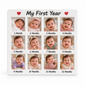 My First Year personalised baby photo frame displayed on a wooden table