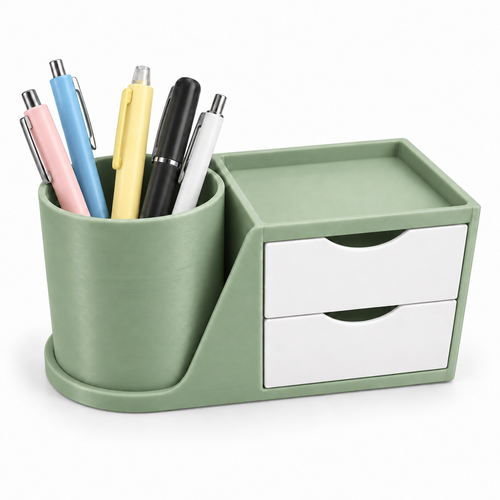 Green and white desk organiser with pen holder, two drawers and top tray on a white background