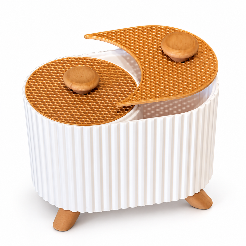 White ribbed two-compartment organiser with decorative gold-toned lids on a white background