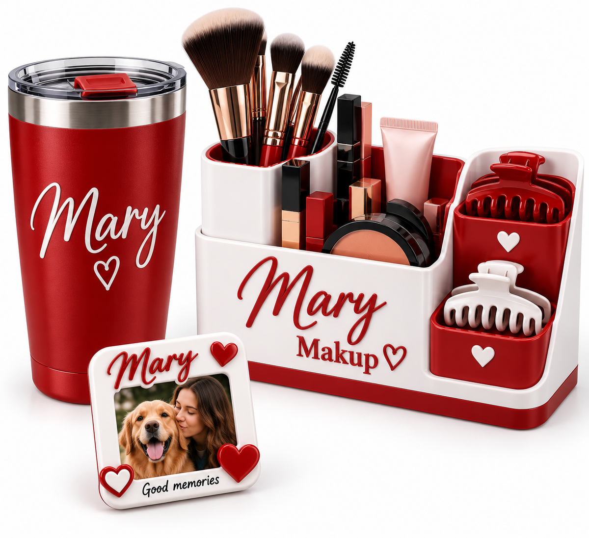 Personalised women's gift kit with tumbler, makeup organiser and photo fridge magnet