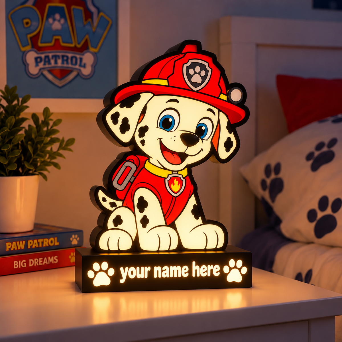 Personalised Paw Patrol Marshall night light glowing in child's bedroom