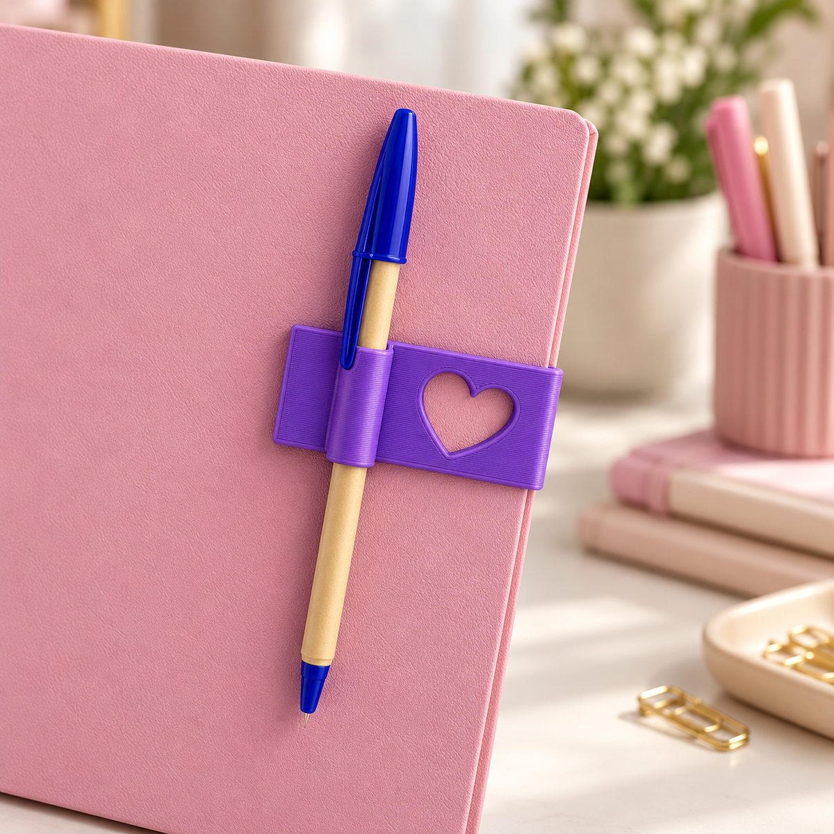 Purple heart-detail bookmark with pen holder on a pink notebook against a white background