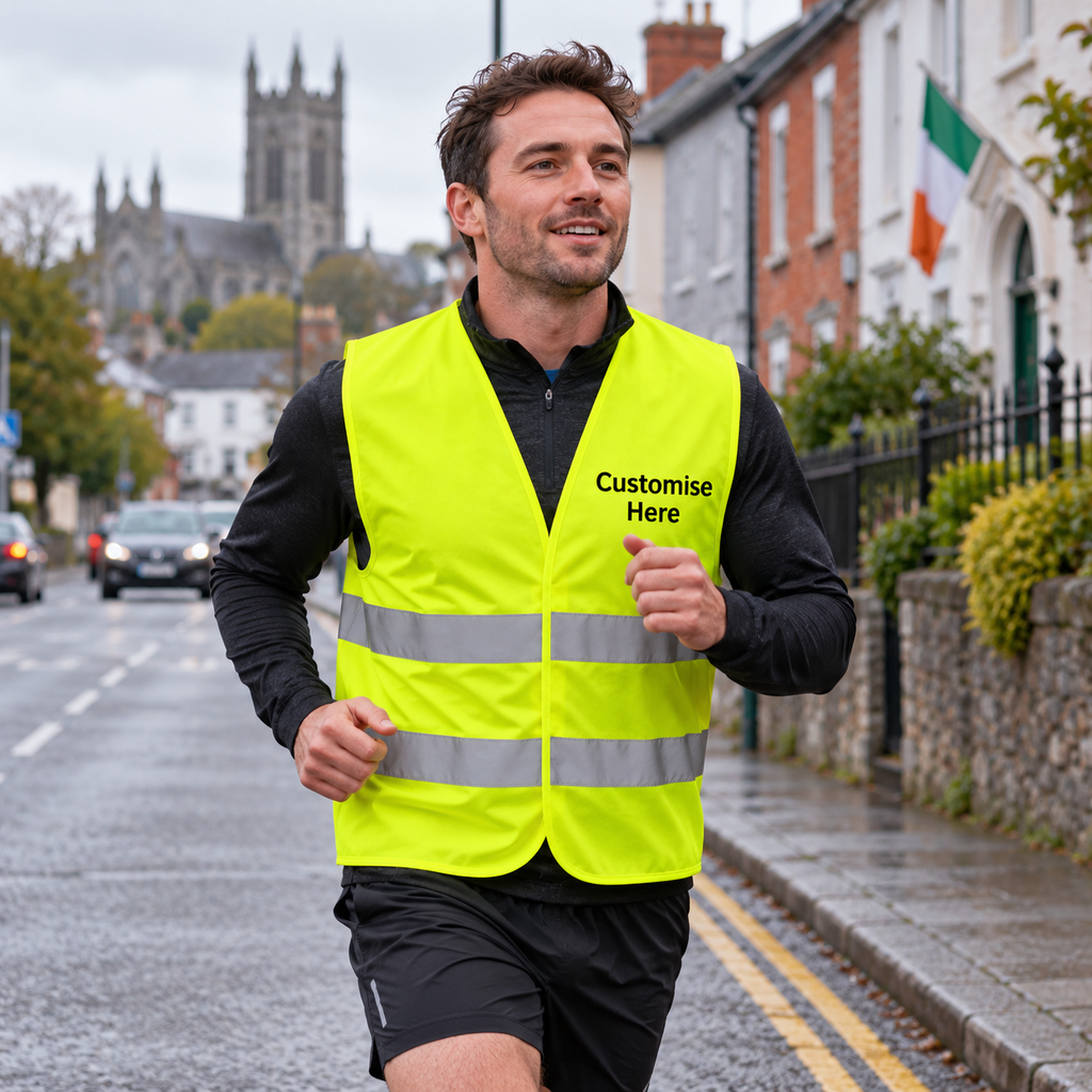 Yellow personalised hi-vis vest shown over work clothing