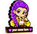 Personalised LED lamp featuring a purple-haired girl and illuminated name base with purple hearts