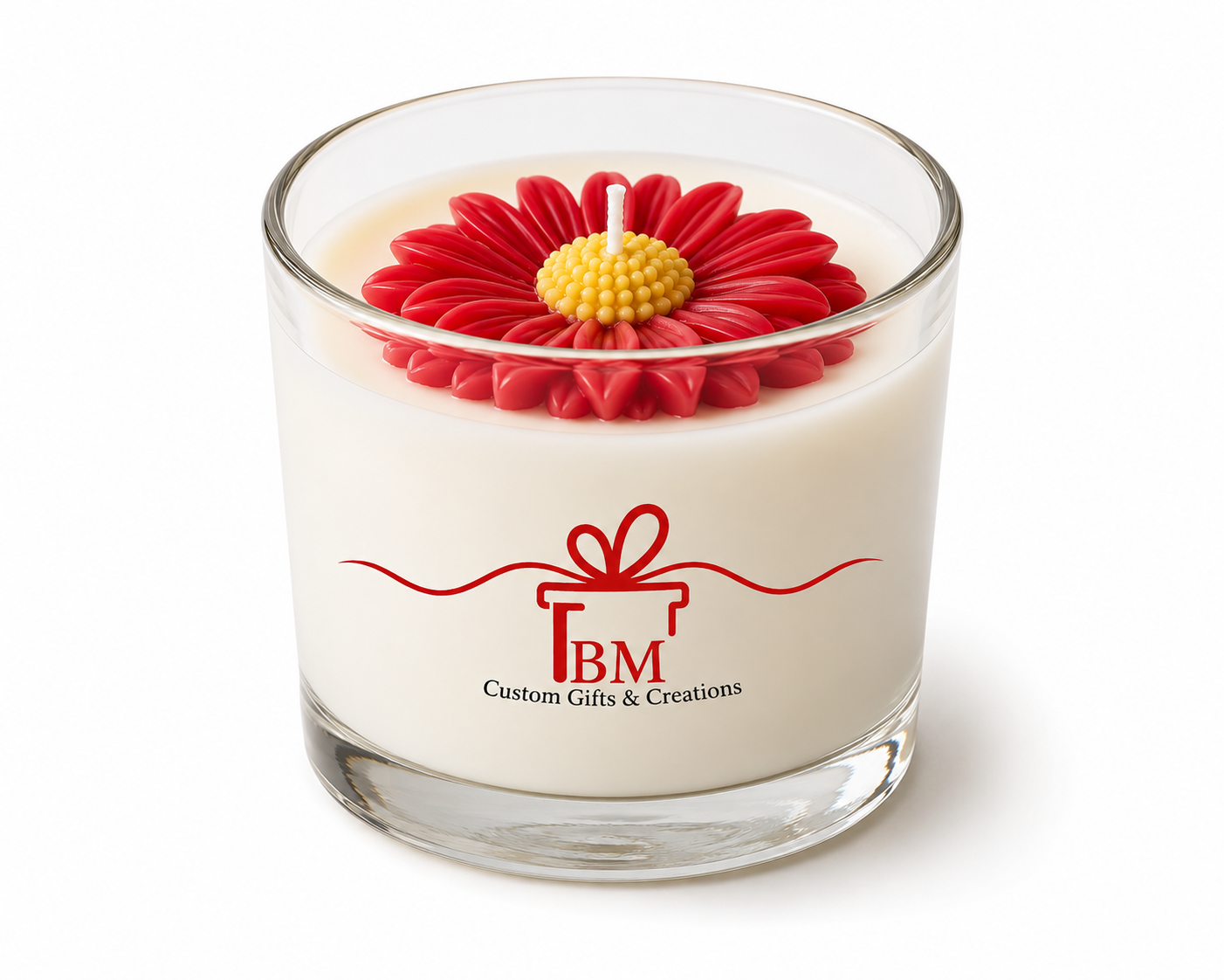 Vanilla flower soy wax candle with red daisy decoration