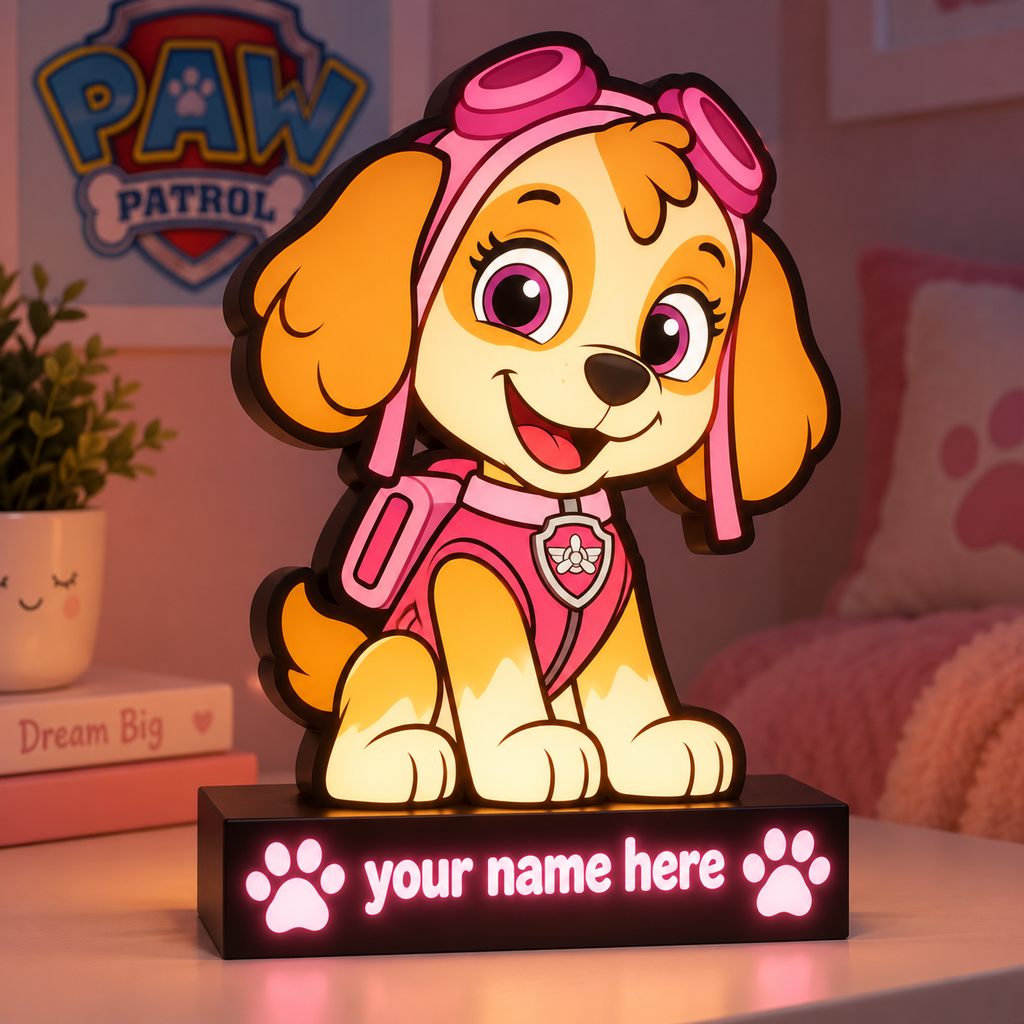 Personalised Paw Patrol Skye night light glowing in child's bedroom