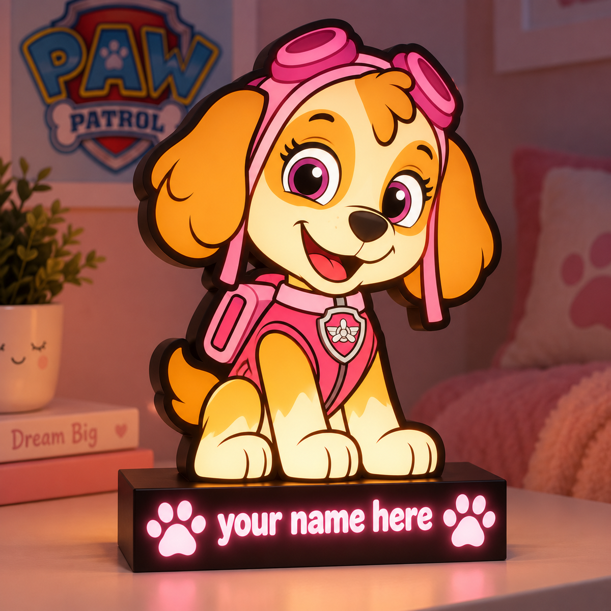 Personalised Paw Patrol Skye night light glowing in child's bedroom