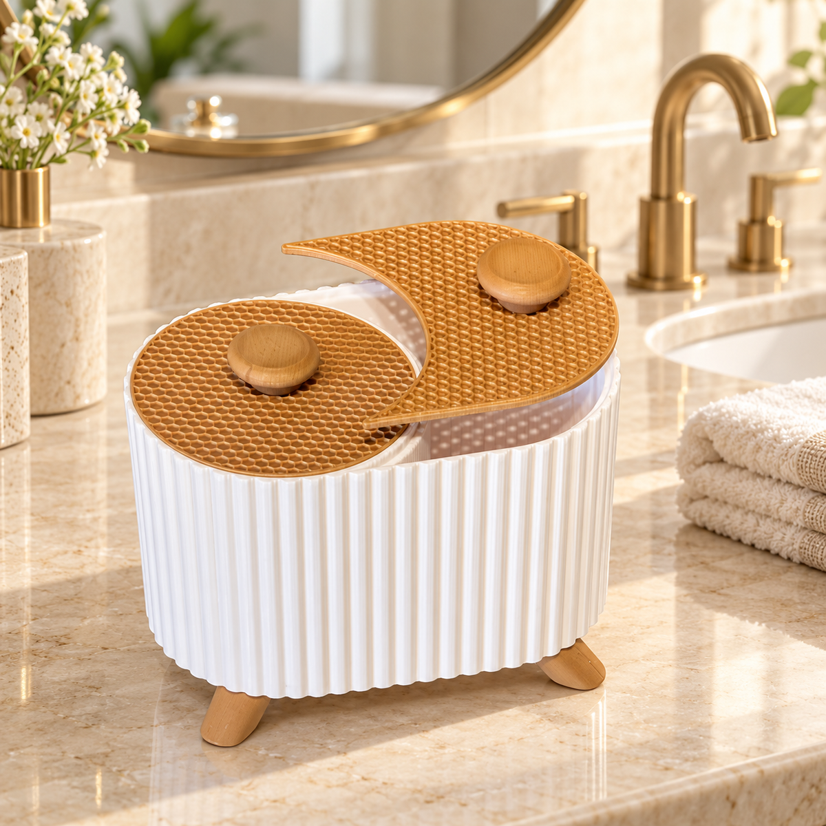 White ribbed organiser with gold-toned lids displayed on a bathroom counter