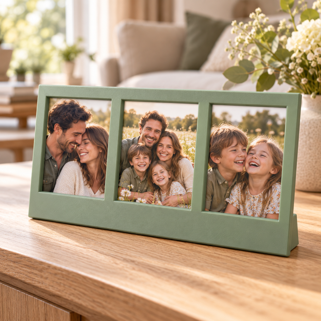 Triple photo tabletop frame with three example photos on a white background