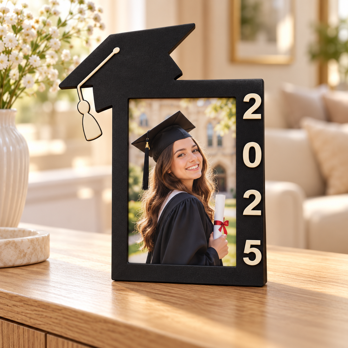 Graduation photo frame displayed on a wooden table