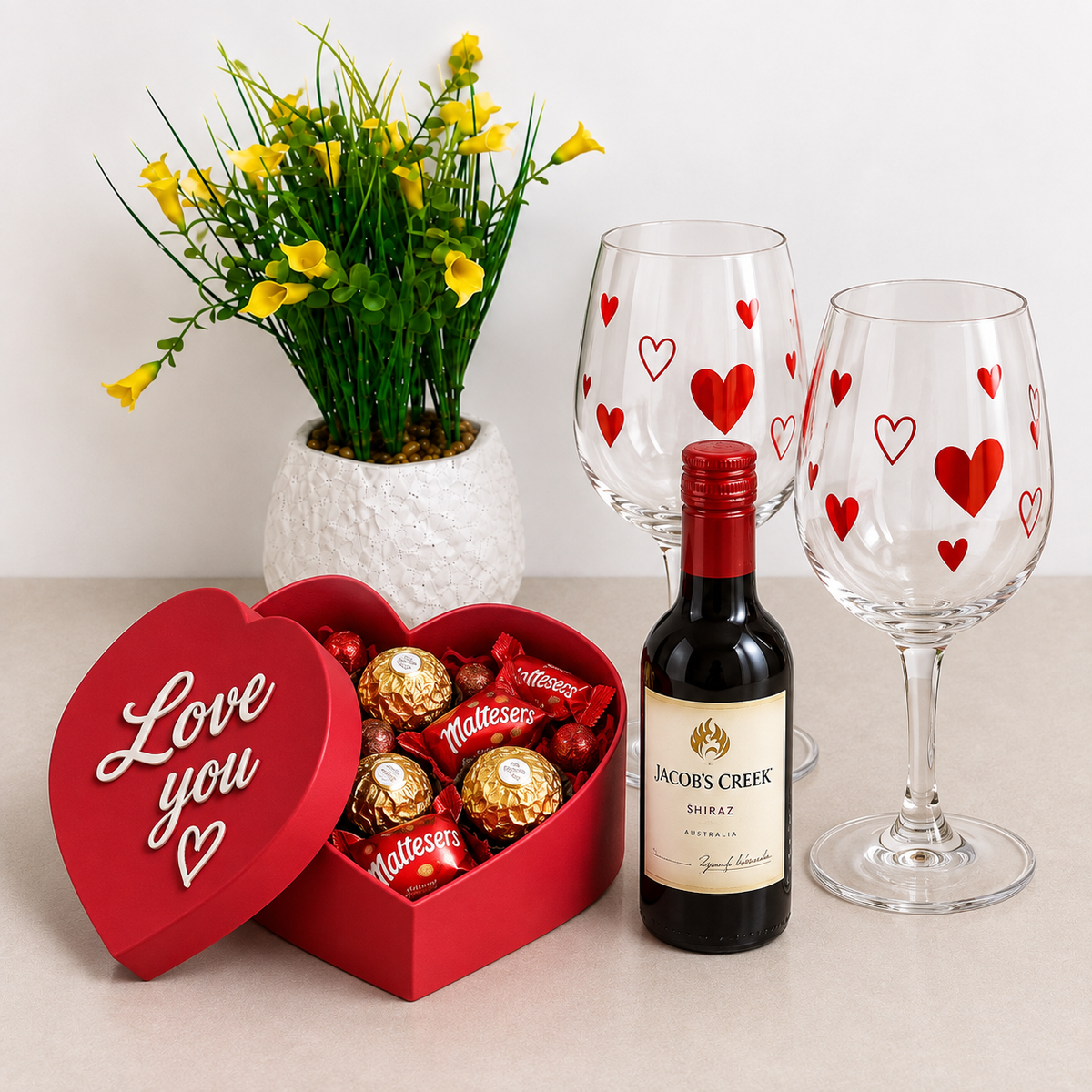 Valentine's Day gift kit with heart wine glasses, mini wine bottle and love heart chocolate box