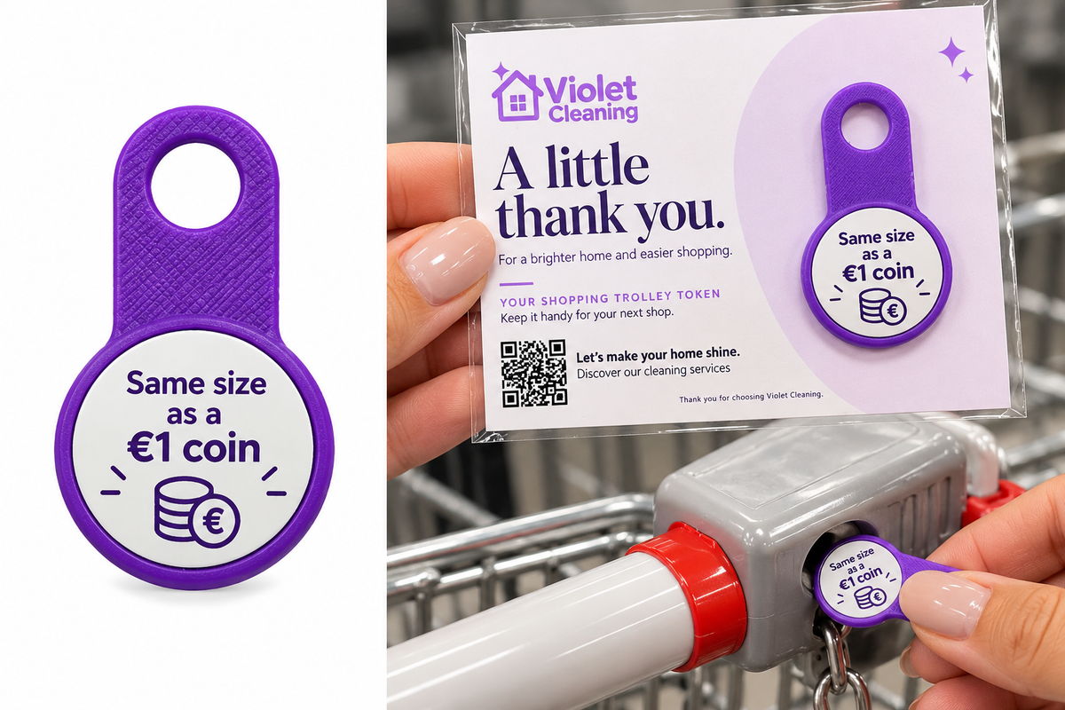 Purple shopping trolley token with branded presentation card and individual packaging, shown in use.