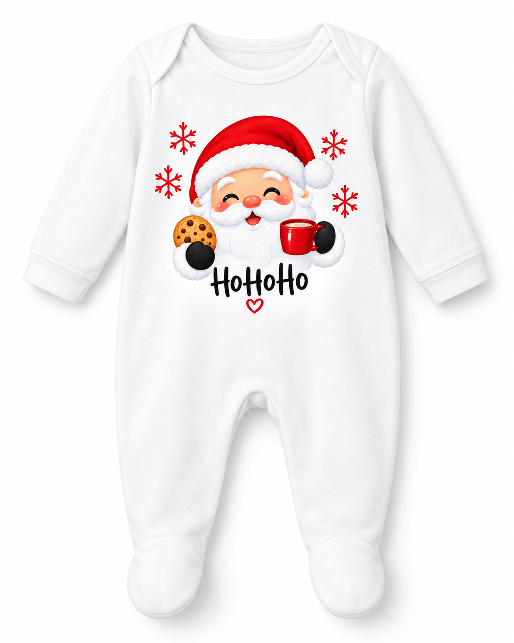 Personalised baby Christmas sleepsuit with Santa Ho Ho Ho sublimation print on white background