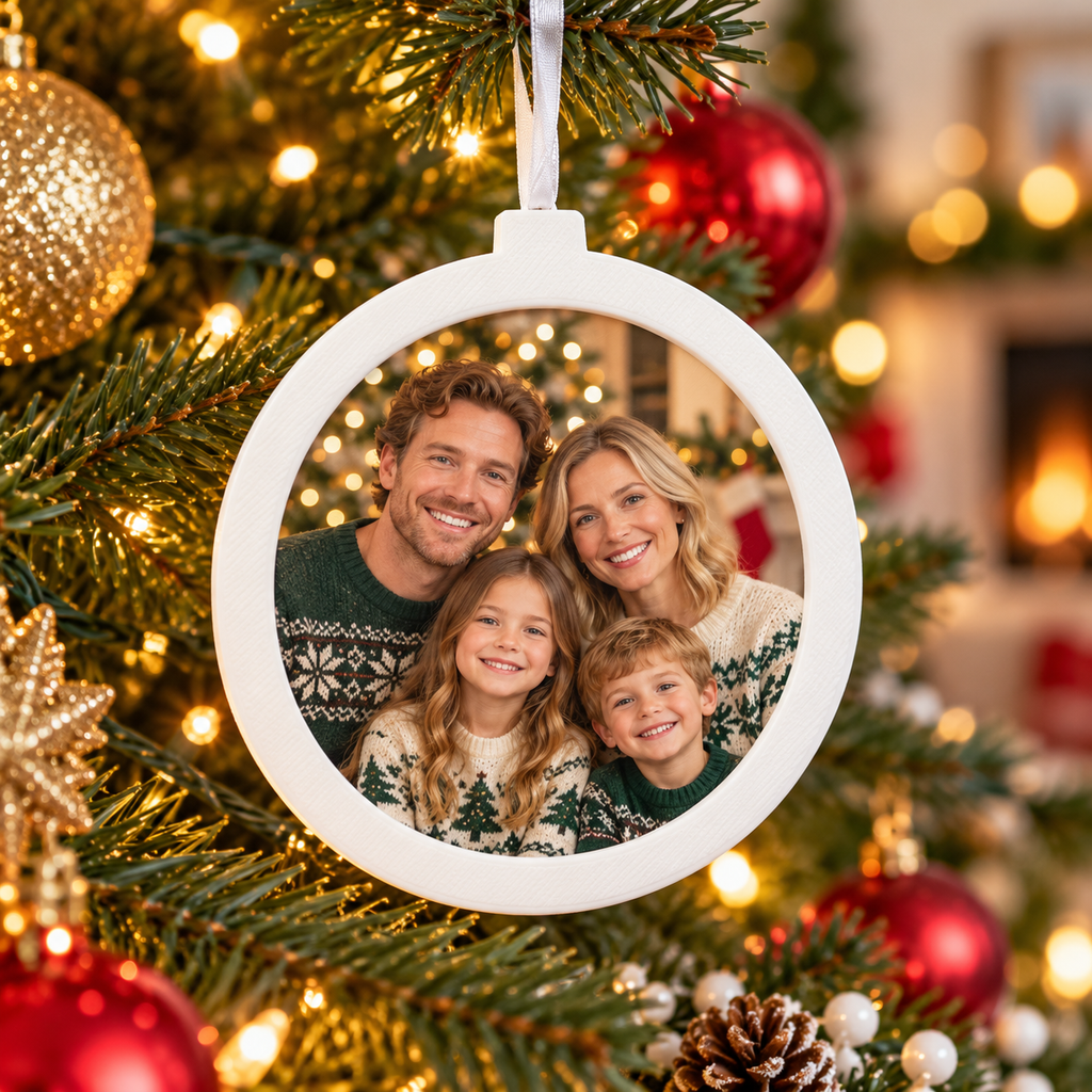 White photo Christmas bauble displayed on a decorated tree; example photo for illustration