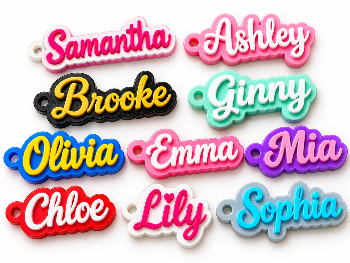 Personalised script name keyrings in a range of example colour combinations