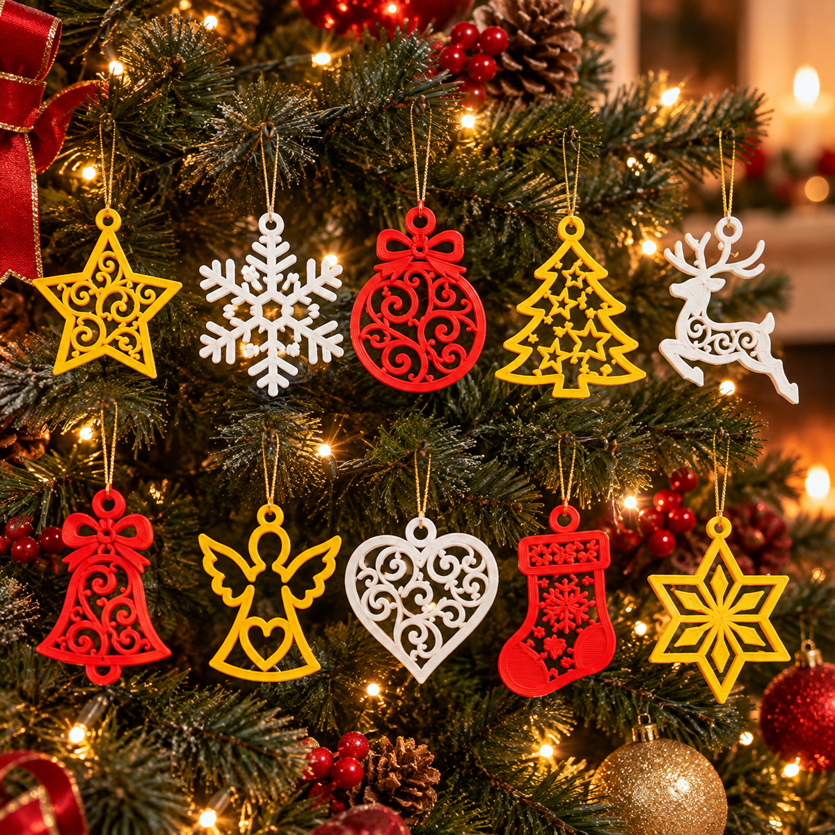 Complete set of ten Christmas ornament designs in fixed red, white and yellow colours