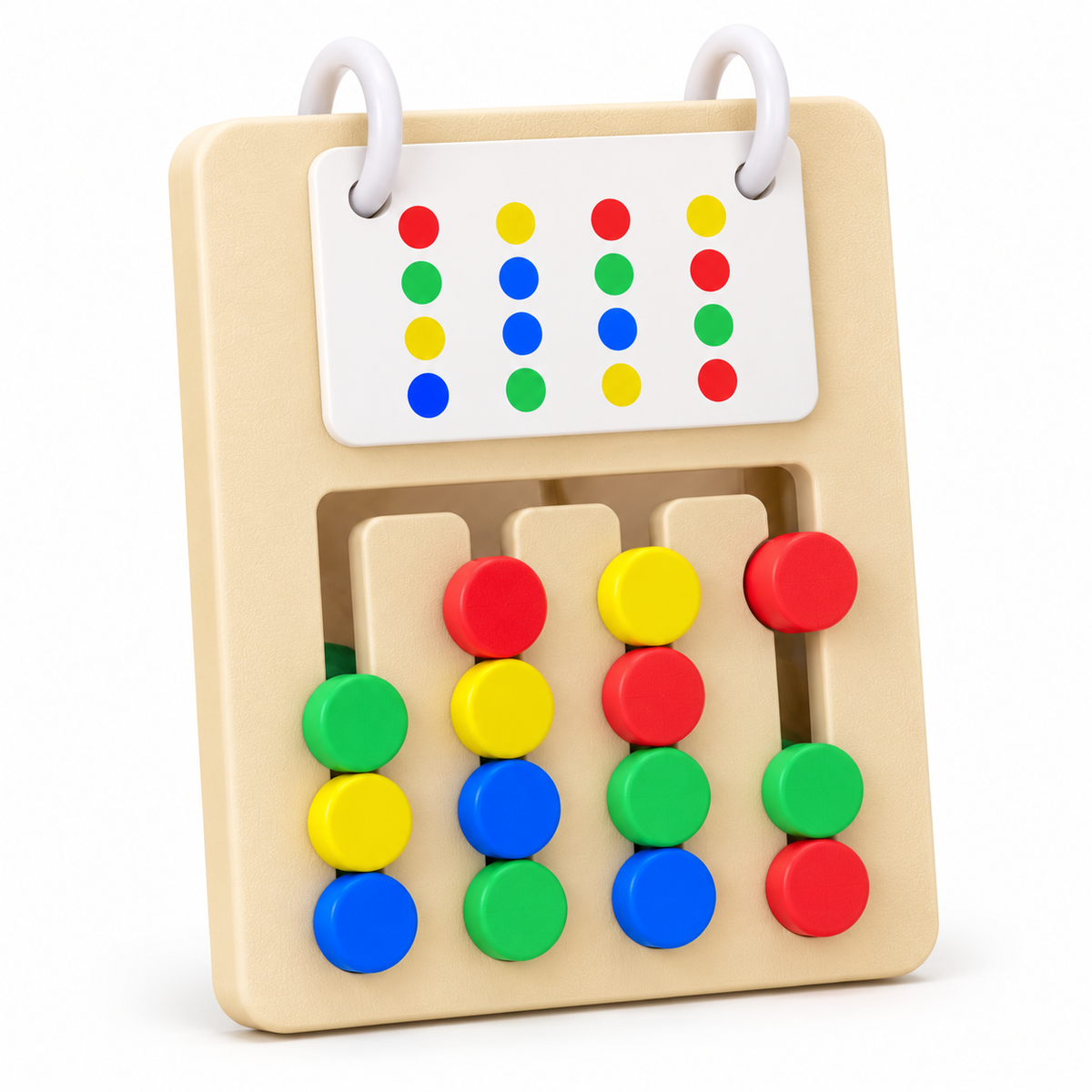 Colour-matching activity board with sliding red, yellow, blue and green pieces and a pattern reference card