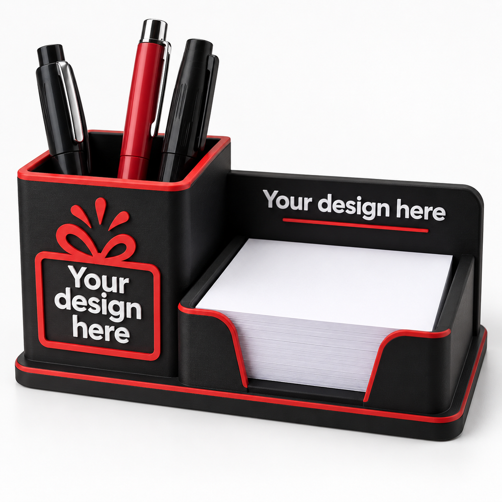 Custom logo desk organiser with pen holder and notepad block - product view
