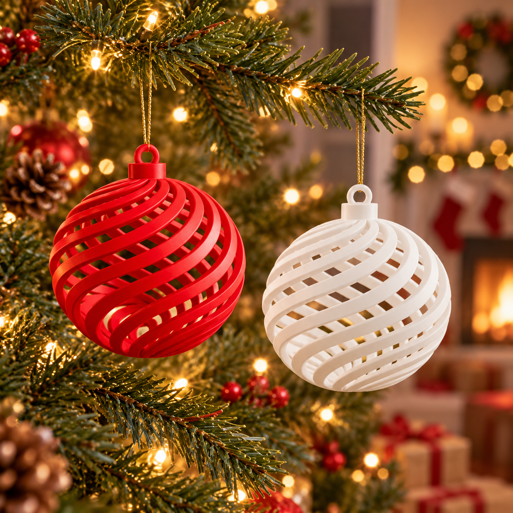 Red and white spiral Christmas baubles hanging on a decorated Christmas tree