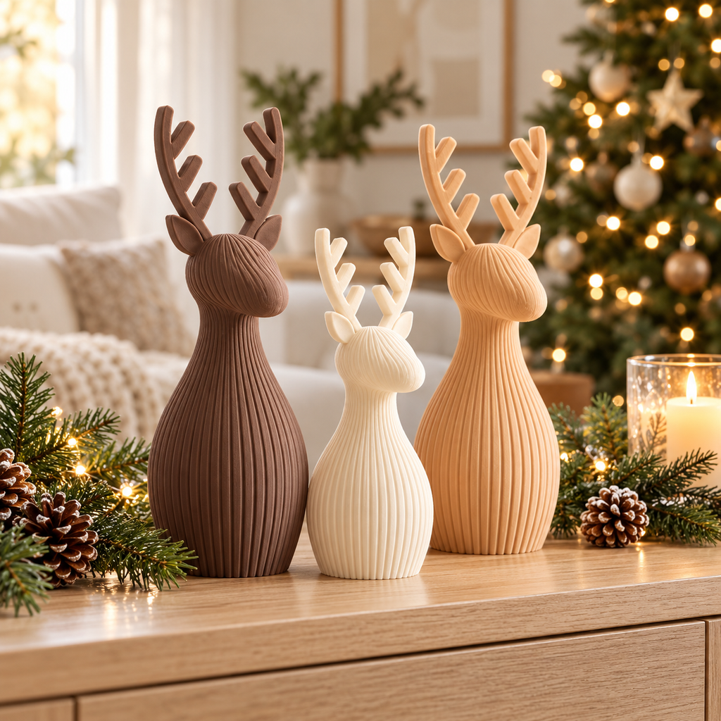 Brown, white and salmon reindeer decorations arranged with festive greenery on a table