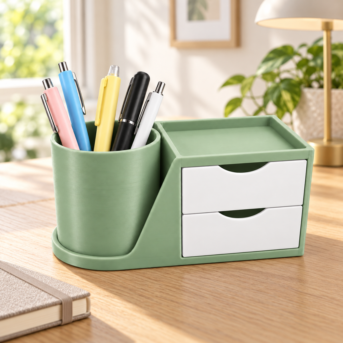 Custom colour desk organiser displayed on a wooden desk