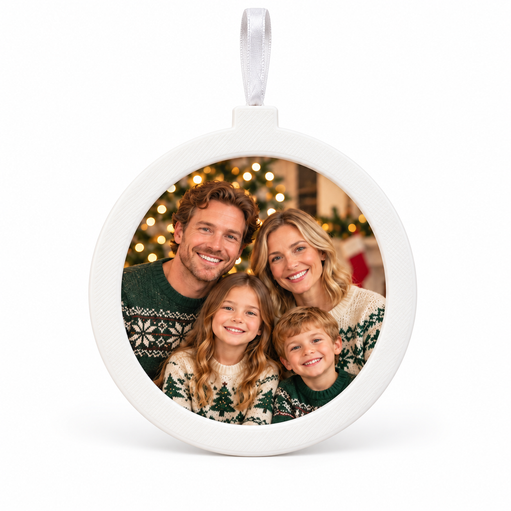 White personalised Christmas bauble with an example family photo and hanging ribbon