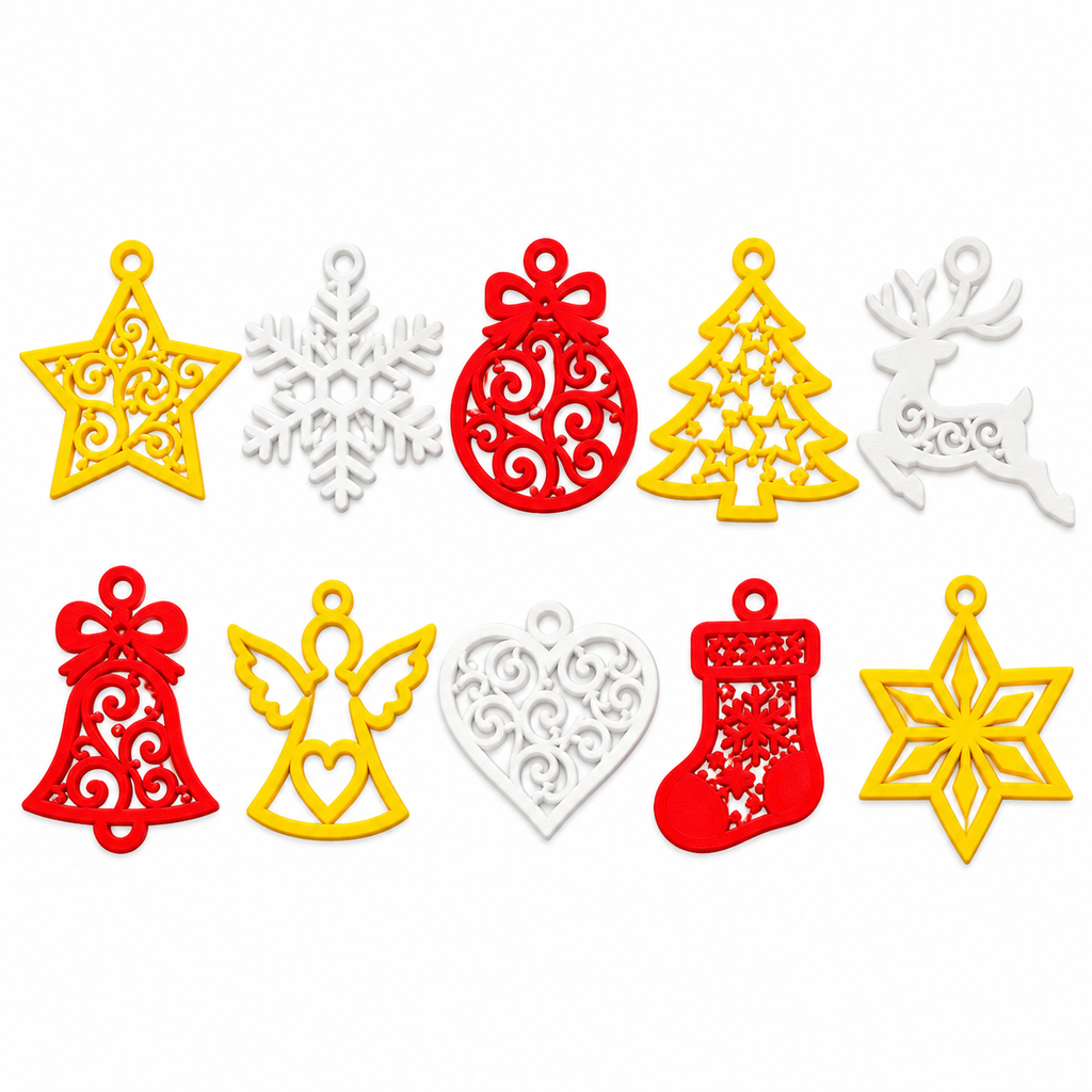 Ten red, white and yellow filigree Christmas ornaments hanging on a Christmas tree