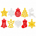 Ten red, white and yellow filigree Christmas ornaments hanging on a Christmas tree