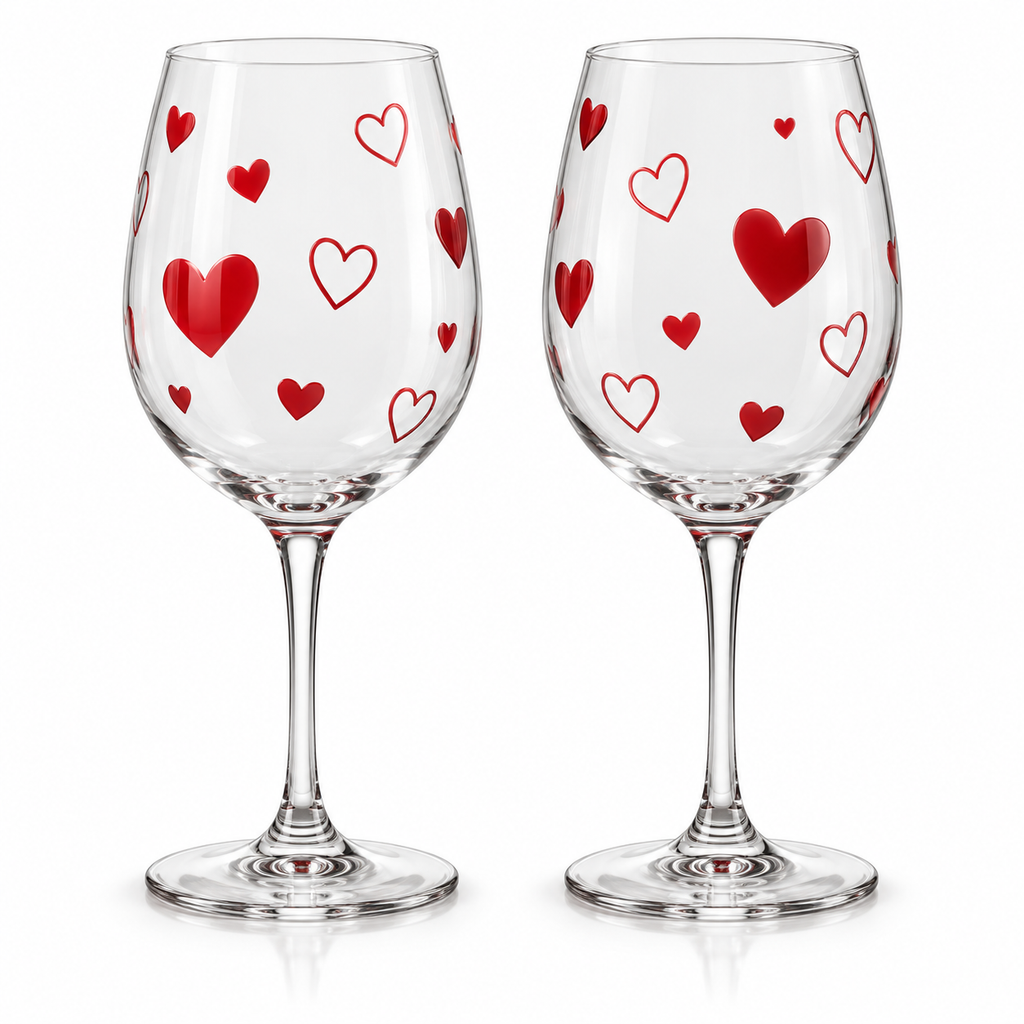 Set of 2 heart wine glasses with red heart pattern