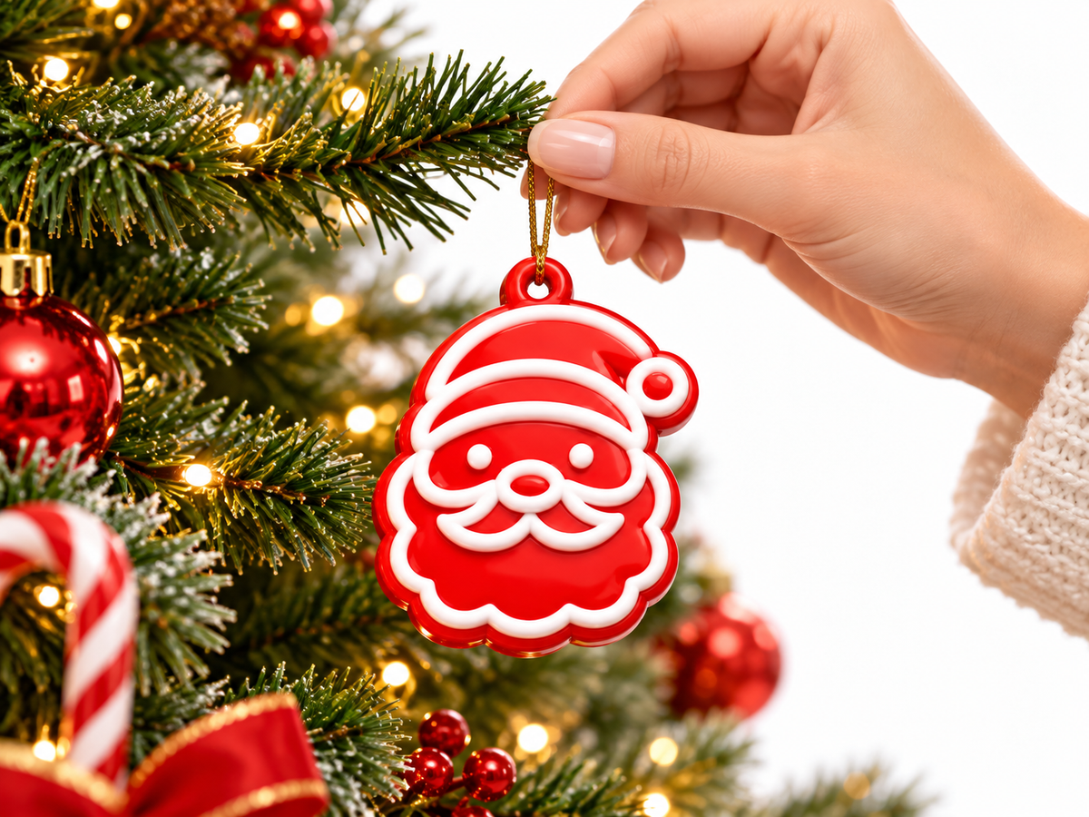 Close-up of Santa Christmas tree ornament in red and white