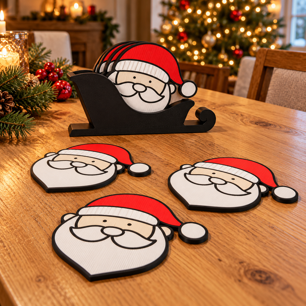 Santa-shaped Christmas coasters in red and white beside a black sleigh-shaped stand