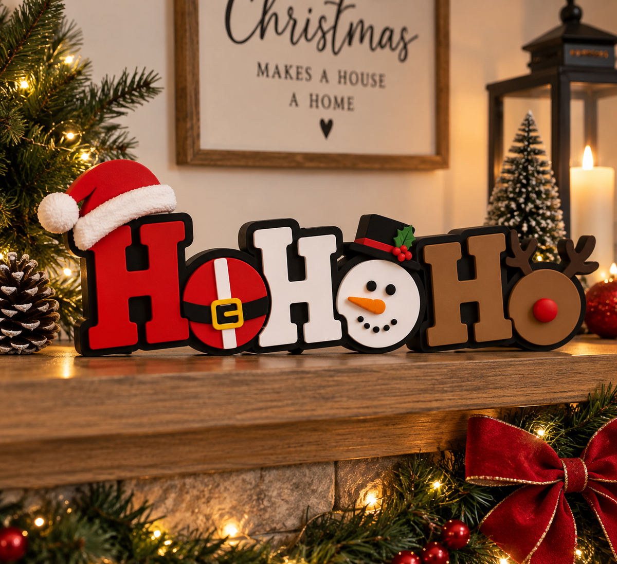 Ho Ho Ho 3D printed Christmas sign displayed on wooden mantelpiece with festive Christmas decorations and fairy lights