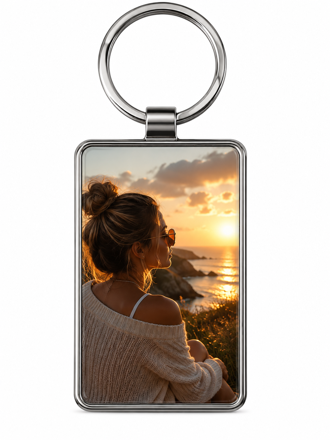 Personalised stainless steel rectangle photo keyring with sunset photo