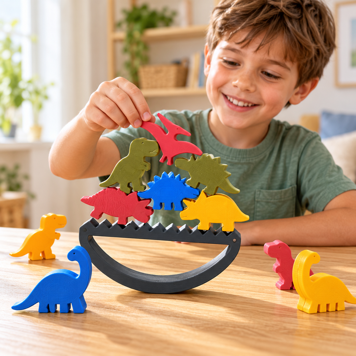 Child stacking colourful dinosaur pieces on a curved balancing base