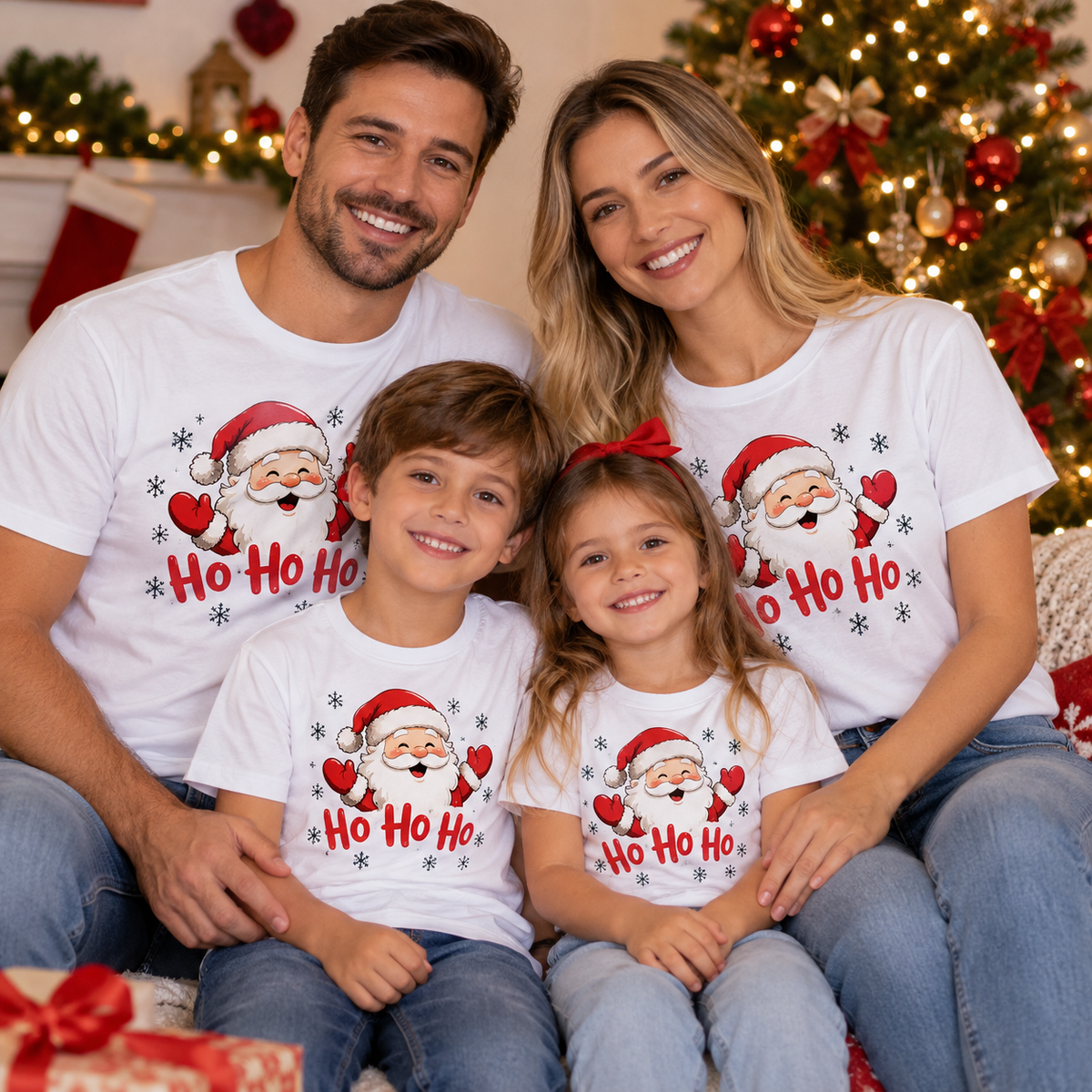 Happy family wearing matching Santa Ho Ho Ho Christmas T-shirts in front of Christmas tree