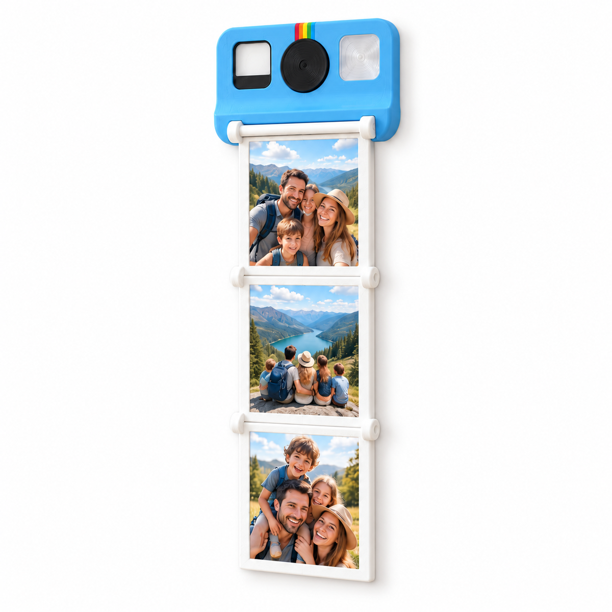 Blue camera-style fridge magnet displaying three example printed photos on a white background