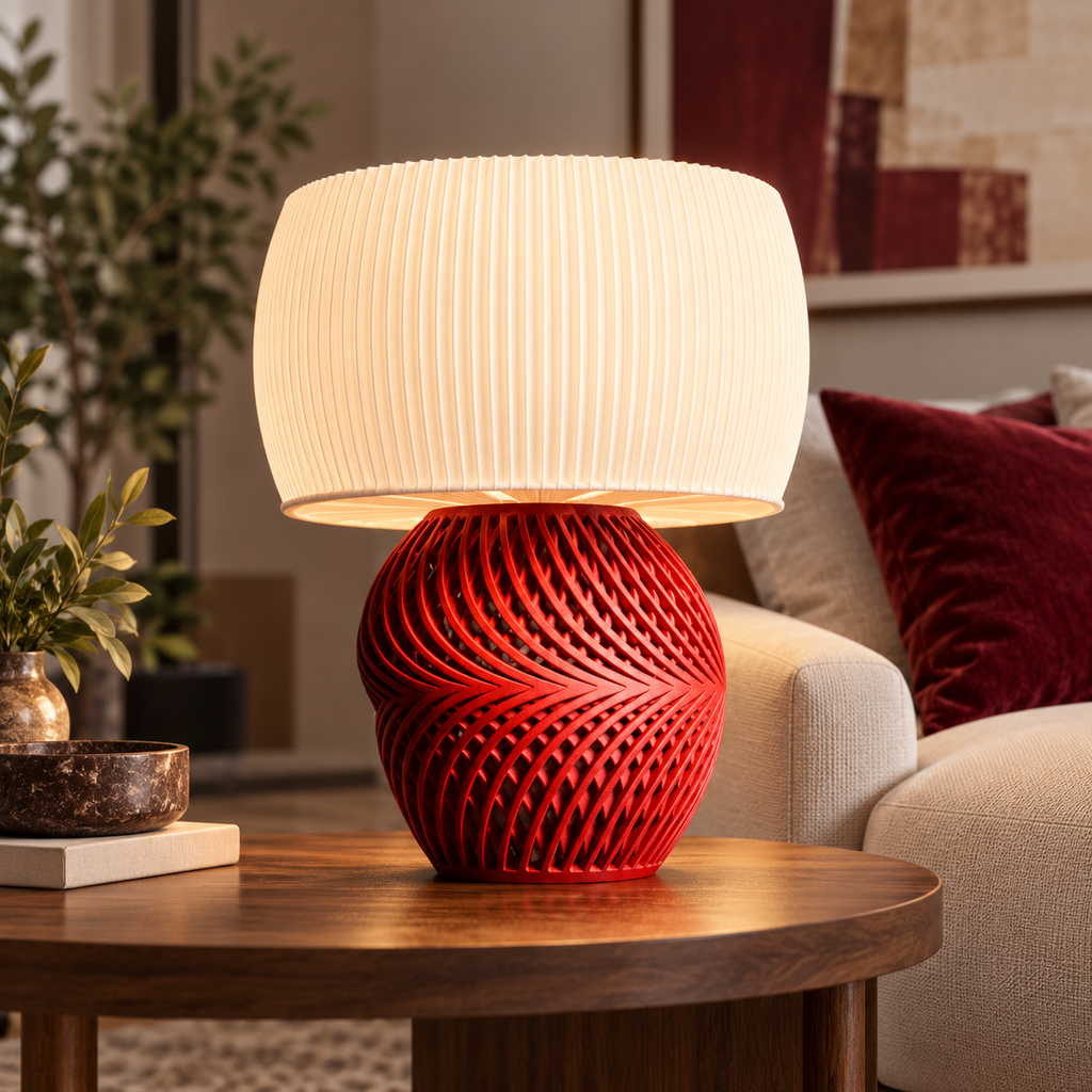 Modern table lamp with a sculptural red lattice base and white textured shade on a white background
