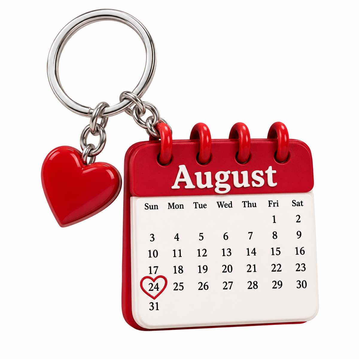 Personalised calendar date keychain with red heart highlighting special date in August