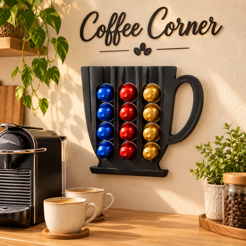 Black cup-shaped coffee capsule holder displayed on a coffee corner wall