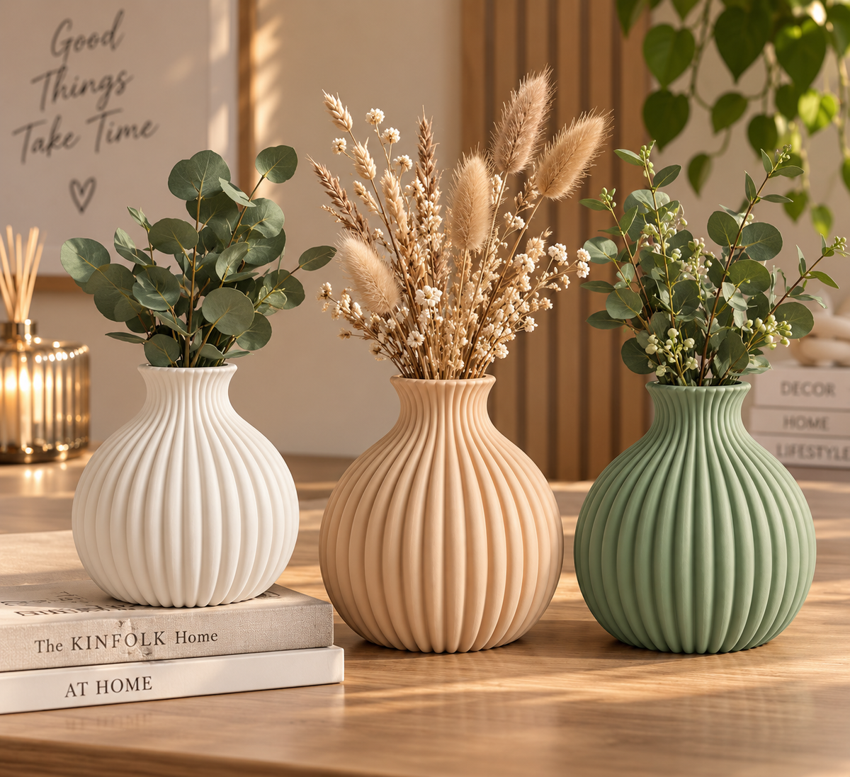 Three ribbed 15 cm vases in white, beige and sage styled with dried flowers