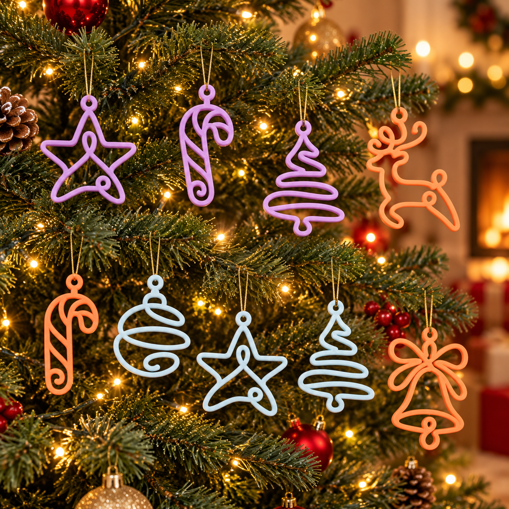 Nine colourful openwork Christmas decorations hanging on a decorated tree