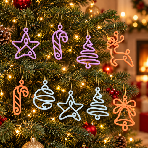 Nine colourful openwork Christmas decorations hanging on a decorated tree