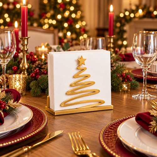 Gold Christmas tree napkin holder displayed on a festive dining table